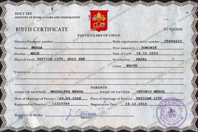 Holy See vital record birth certificate PSD template